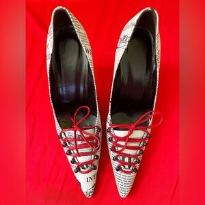 John Galliano Vintage 2003  Newspaper Red Corset Lace Up Heels - Size 40